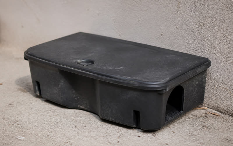 Close-up of a closed lockable bait station
