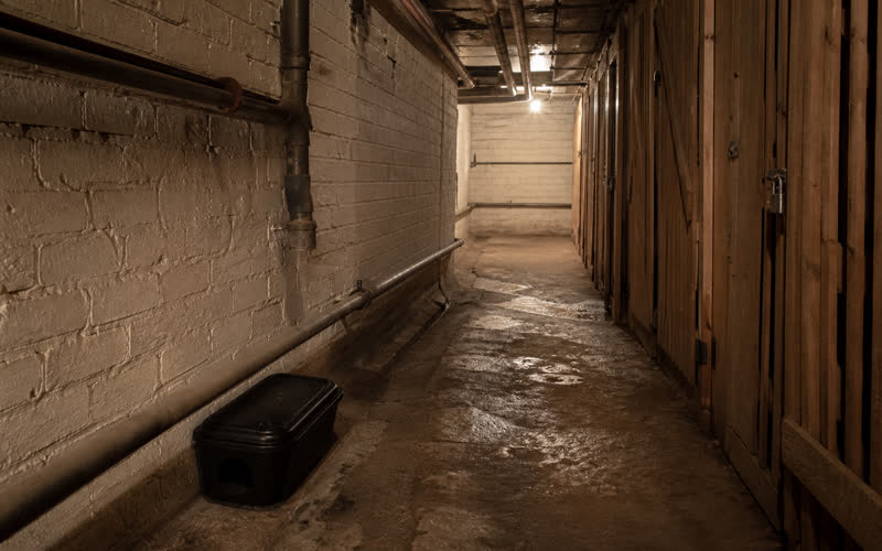 Bait station in a cellar by the pipework