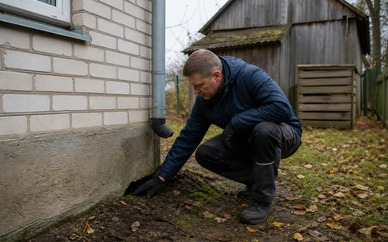 Perimeter inspection along the foundation of a private house