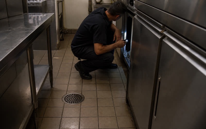 Inspection in a restaurant kitchen behind the equipment
